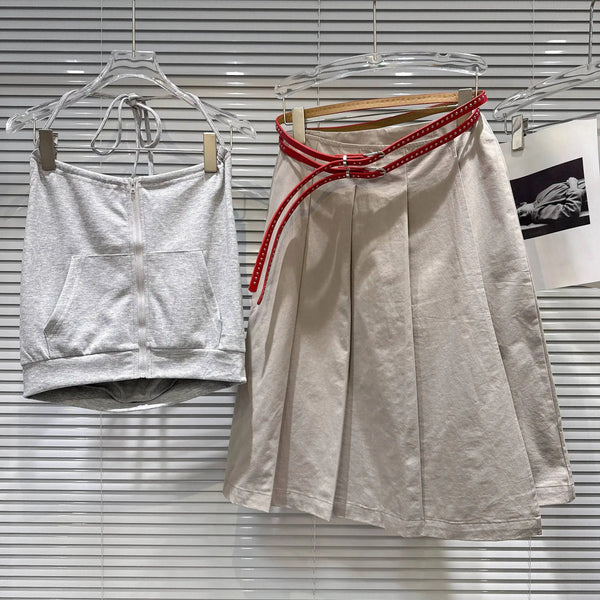DEAT 2026 Early Autumn New Niche Casual Halter Strapless Top Double Belt High Waist A-line Pleated Skirt For Women 11B1532