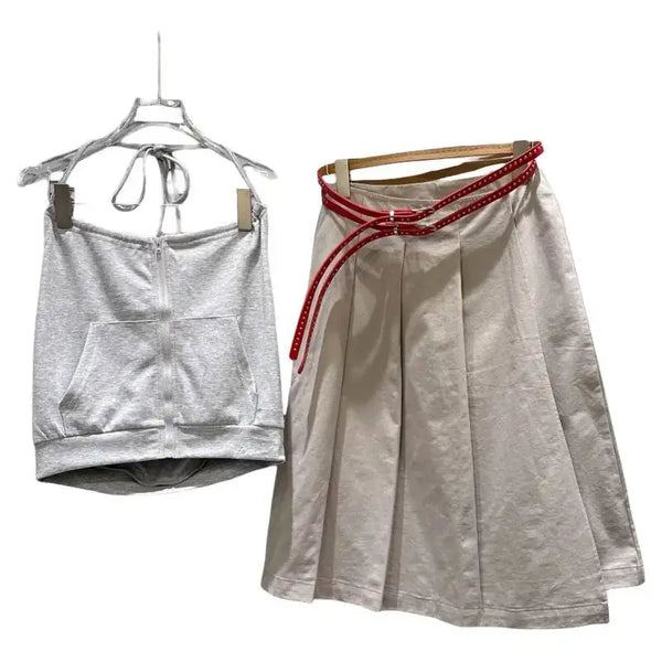 DEAT 2026 Early Autumn New Niche Casual Halter Strapless Top Double Belt High Waist A-line Pleated Skirt For Women 11B1532